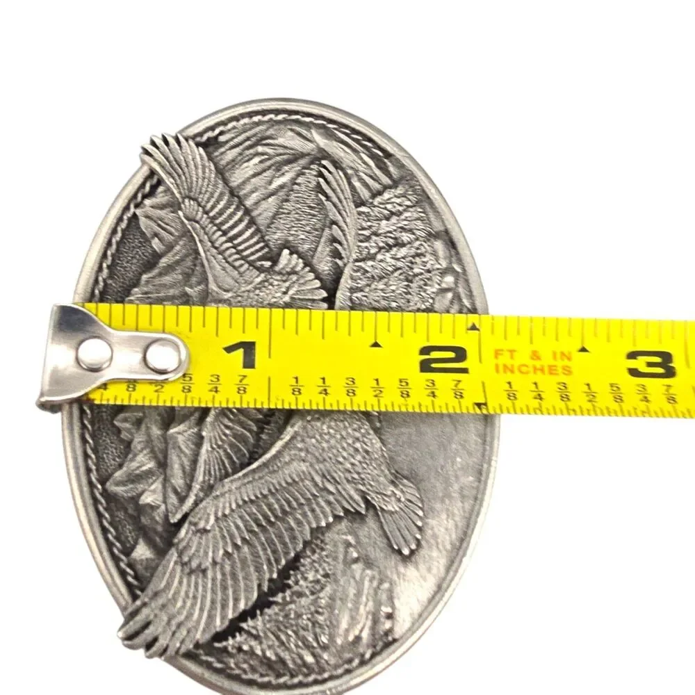 Eagle Belt Buckle Oval Pewter Flying Spreading Wings Mountain Scene by Heritage